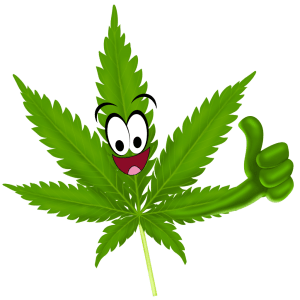 Glada Bladet, ett tecknat cannabislöv som ser glatt ut och gör tummen upp