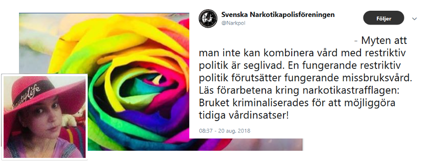 Linda Ninni Andersson och Svenska Narkotikapolisföreningens tweet