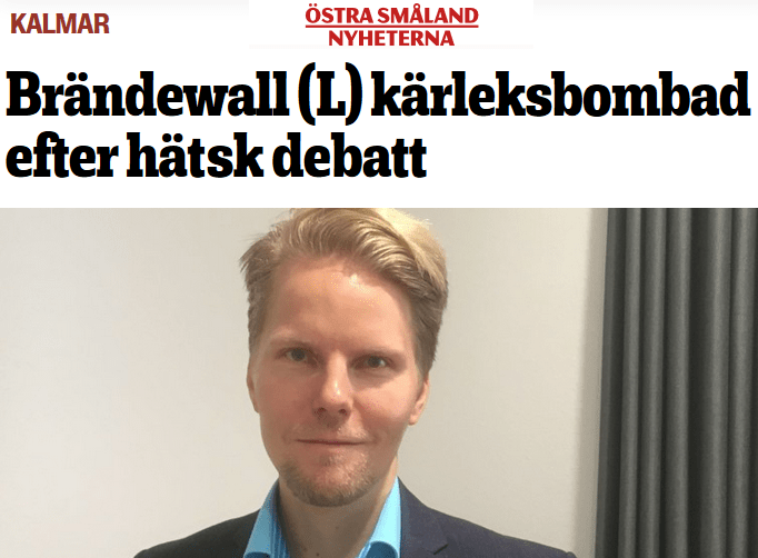 Artikel hos Östra Småland: Björn Brändewall (L) kärleksbombad efter hätsk debatt om cannabis