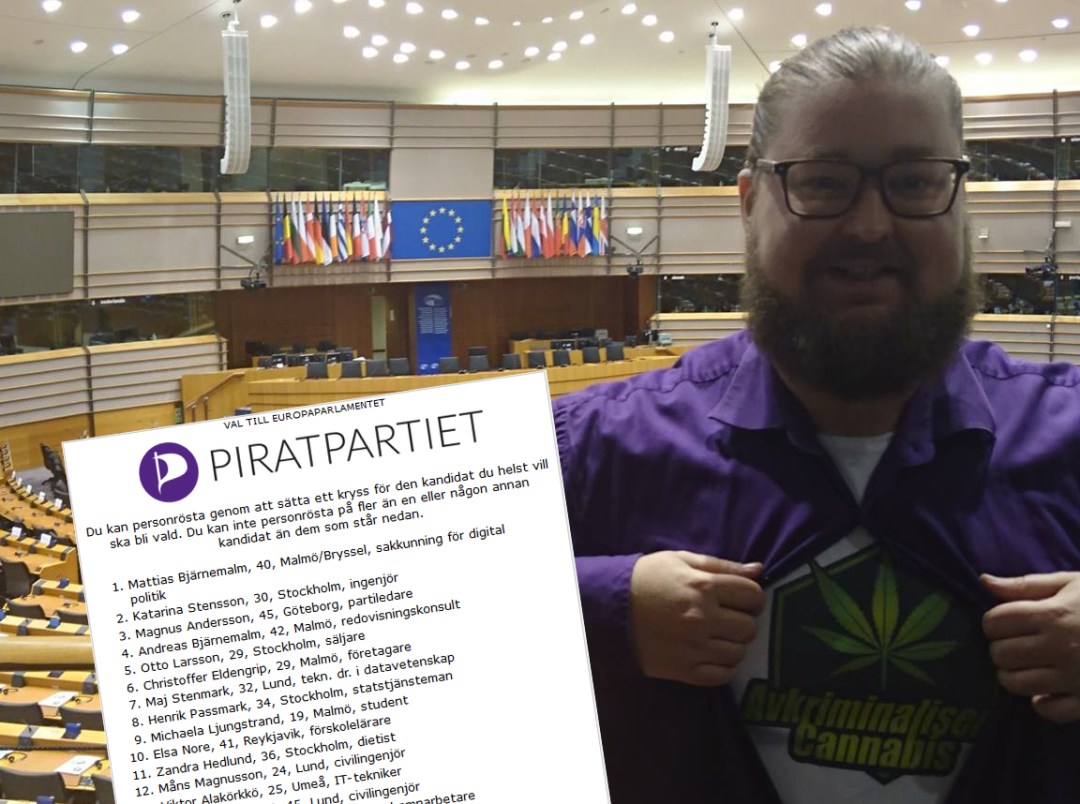 Otto Larsson, Piratpartiet, i EU-parlamentet med en t-shirt med trycket Avkriminalisera Cannabis