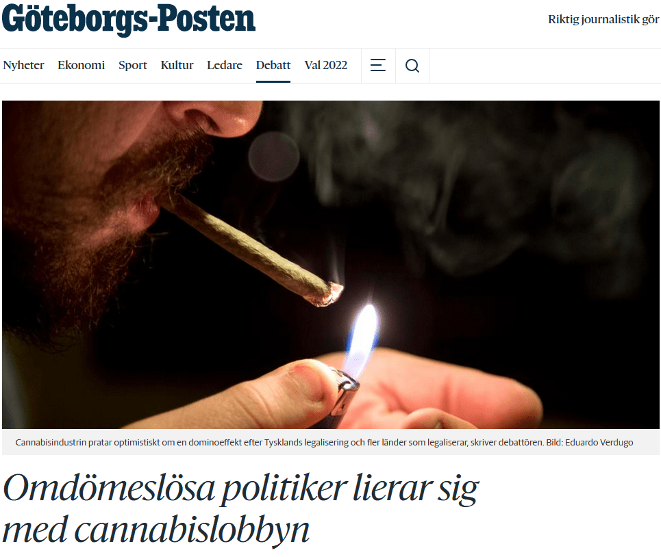 Debattartikel i Göteborgs-Posten med rubriken "Omdömeslösa politiker lierar sig med cannabislobbyn"